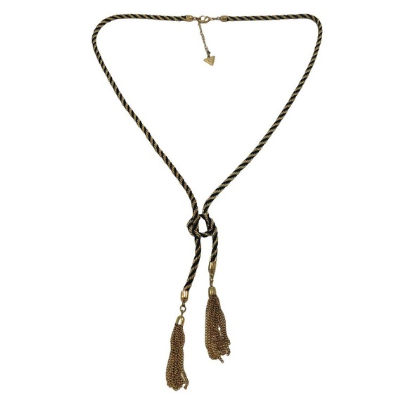 GUESS Knotted Rope Chain Lariat with Tassel Y-Shaped Necklace Gold Black Twist - Picture 1 of 7